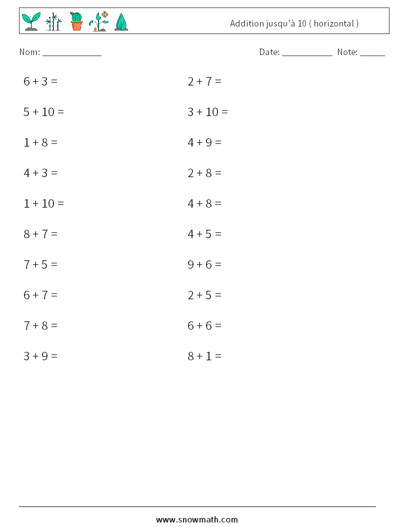 (20) Addition jusqu'à 10 ( horizontal ) Fiches d'Exercices de Mathématiques 5