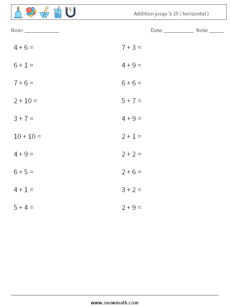 (20) Addition jusqu'à 10 ( horizontal ) Fiches d'Exercices de Mathématiques 6