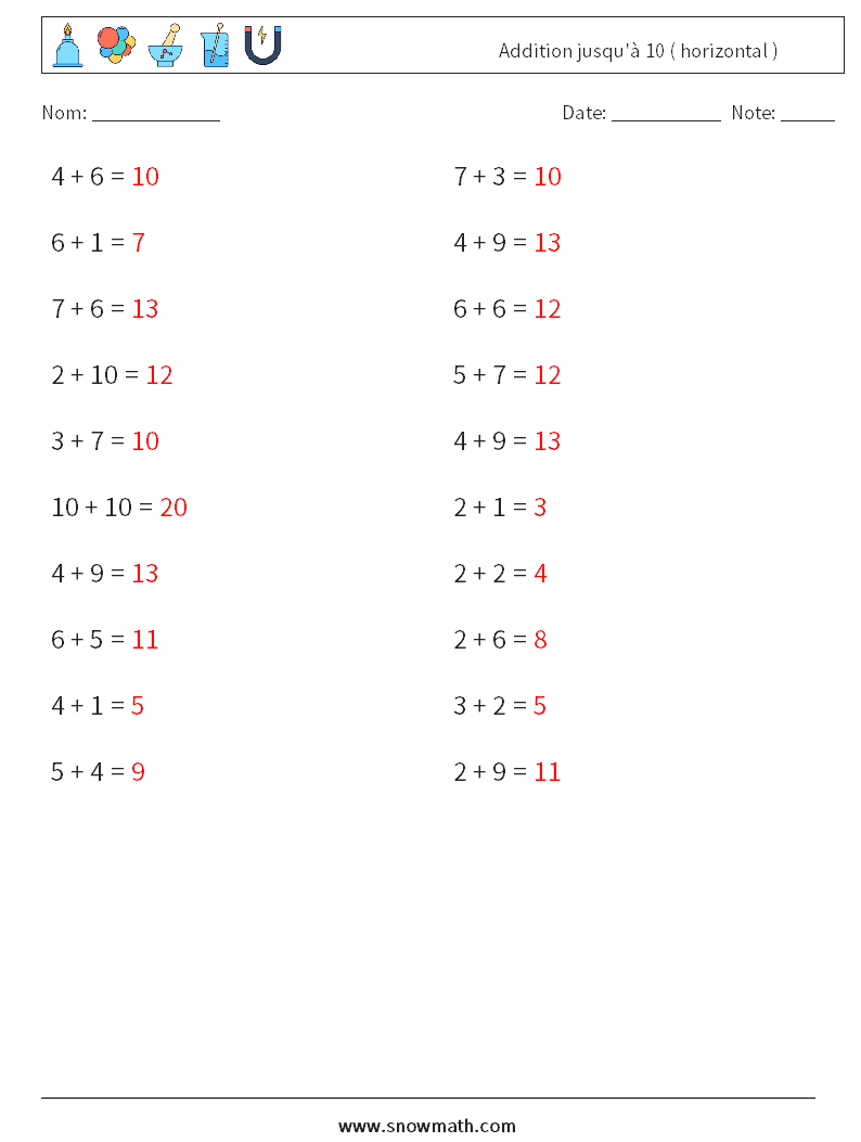 (20) Addition jusqu'à 10 ( horizontal ) Fiches d'Exercices de Mathématiques 6 Question, Réponse