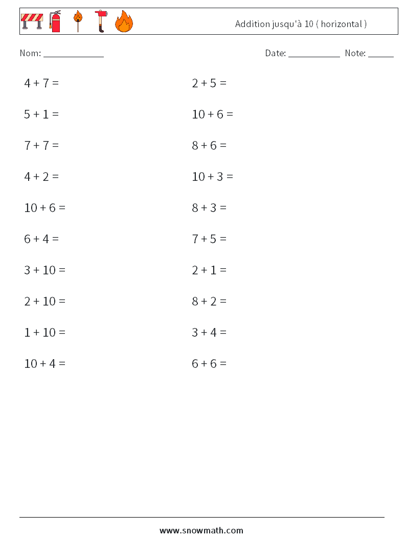 (20) Addition jusqu'à 10 ( horizontal ) Fiches d'Exercices de Mathématiques 7