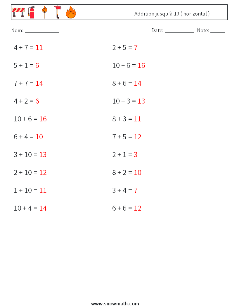 (20) Addition jusqu'à 10 ( horizontal ) Fiches d'Exercices de Mathématiques 7 Question, Réponse