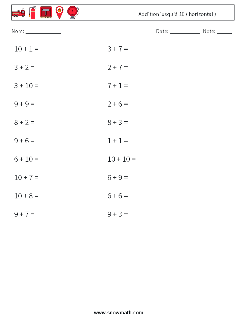 (20) Addition jusqu'à 10 ( horizontal ) Fiches d'Exercices de Mathématiques 8
