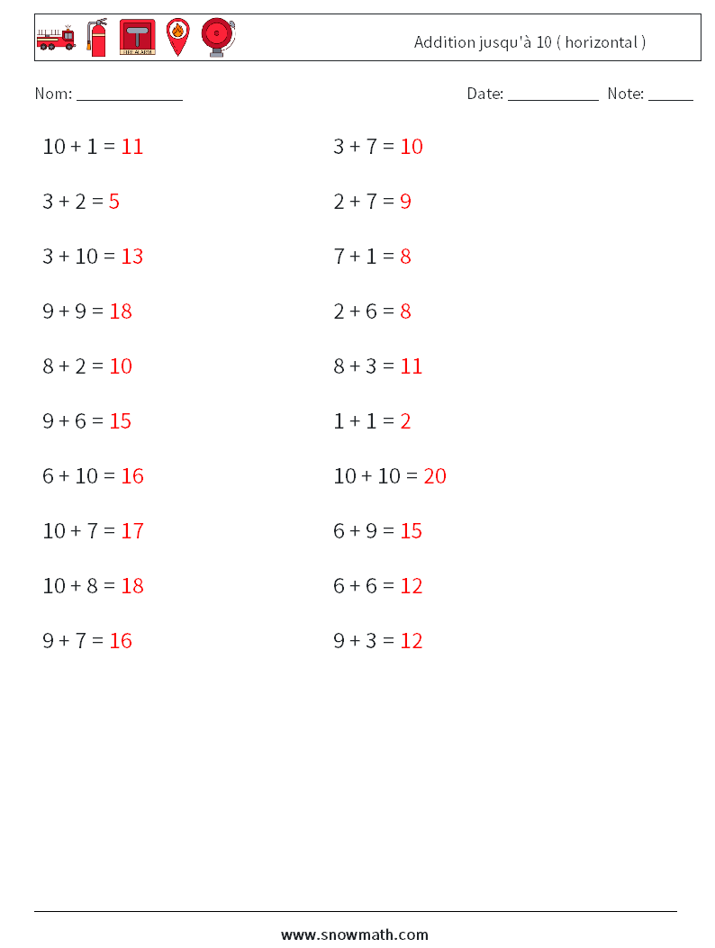 (20) Addition jusqu'à 10 ( horizontal ) Fiches d'Exercices de Mathématiques 8 Question, Réponse