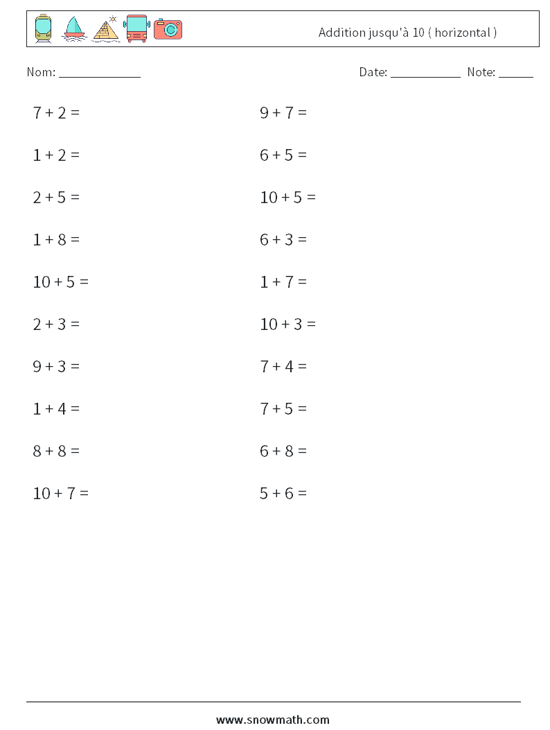 (20) Addition jusqu'à 10 ( horizontal ) Fiches d'Exercices de Mathématiques 9