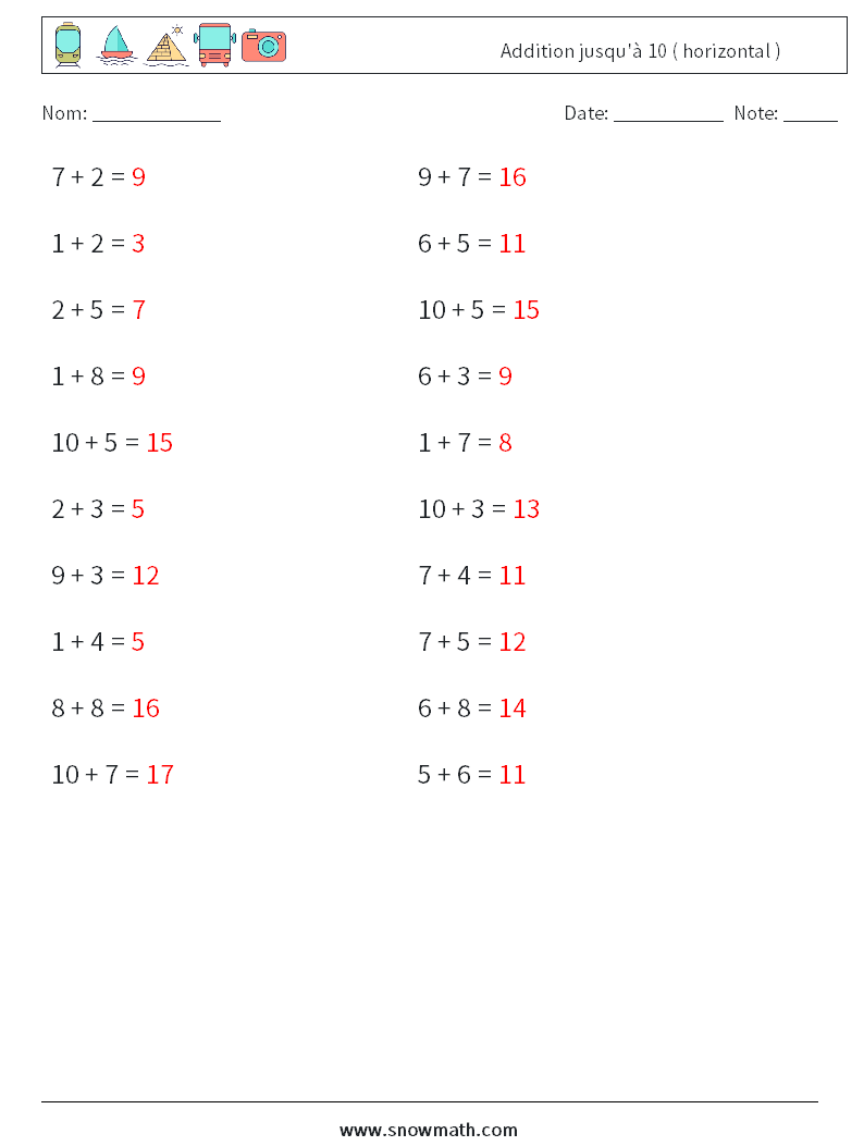 (20) Addition jusqu'à 10 ( horizontal ) Fiches d'Exercices de Mathématiques 9 Question, Réponse