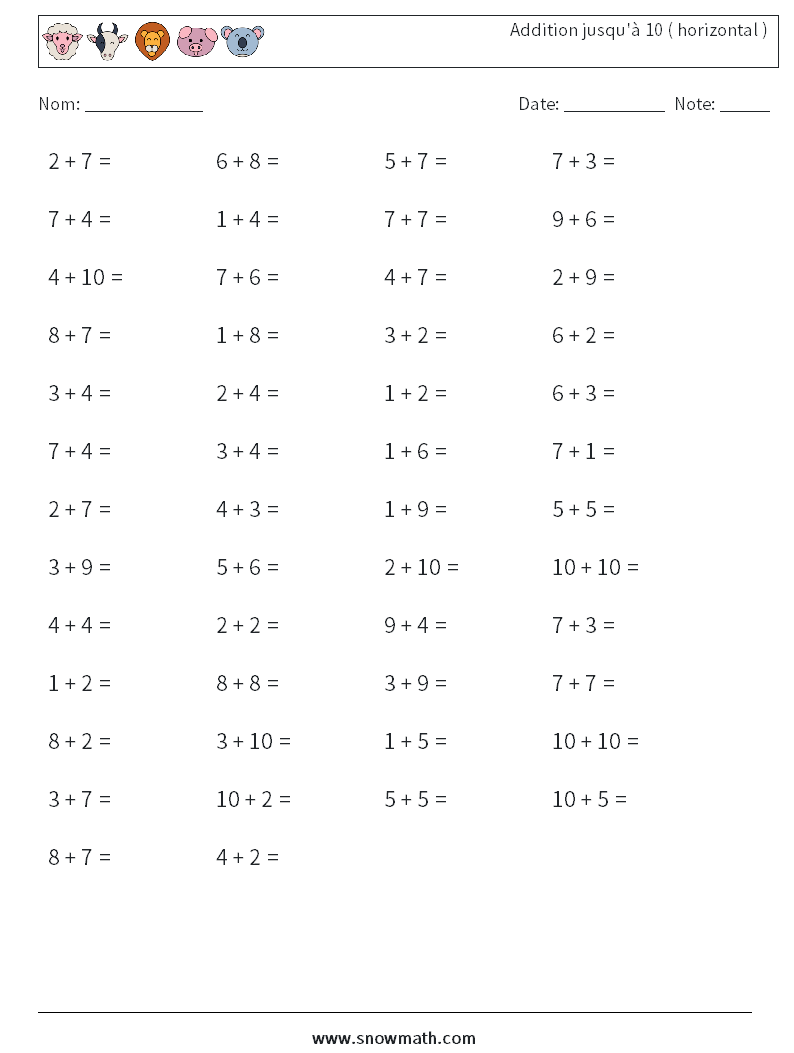 (50) Addition jusqu'à 10 ( horizontal ) Fiches d'Exercices de Mathématiques 1