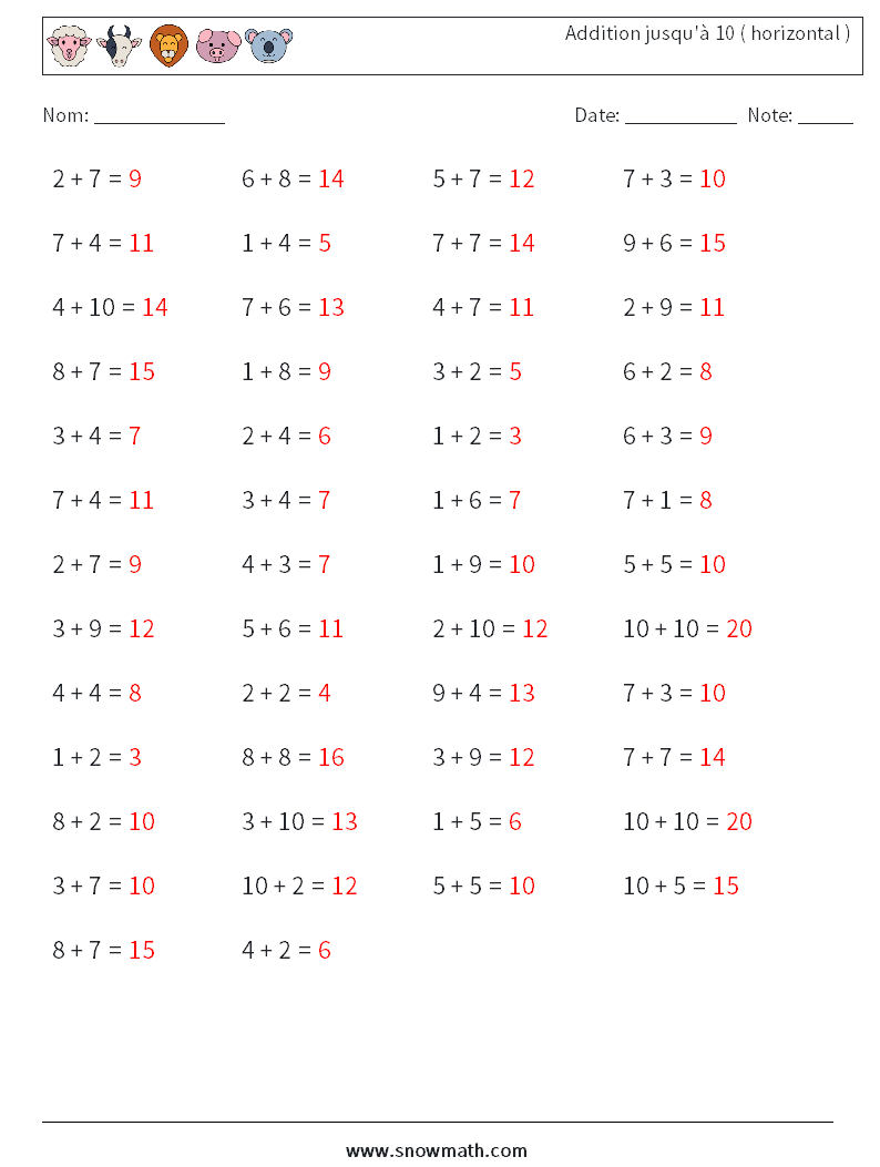 (50) Addition jusqu'à 10 ( horizontal ) Fiches d'Exercices de Mathématiques 1 Question, Réponse
