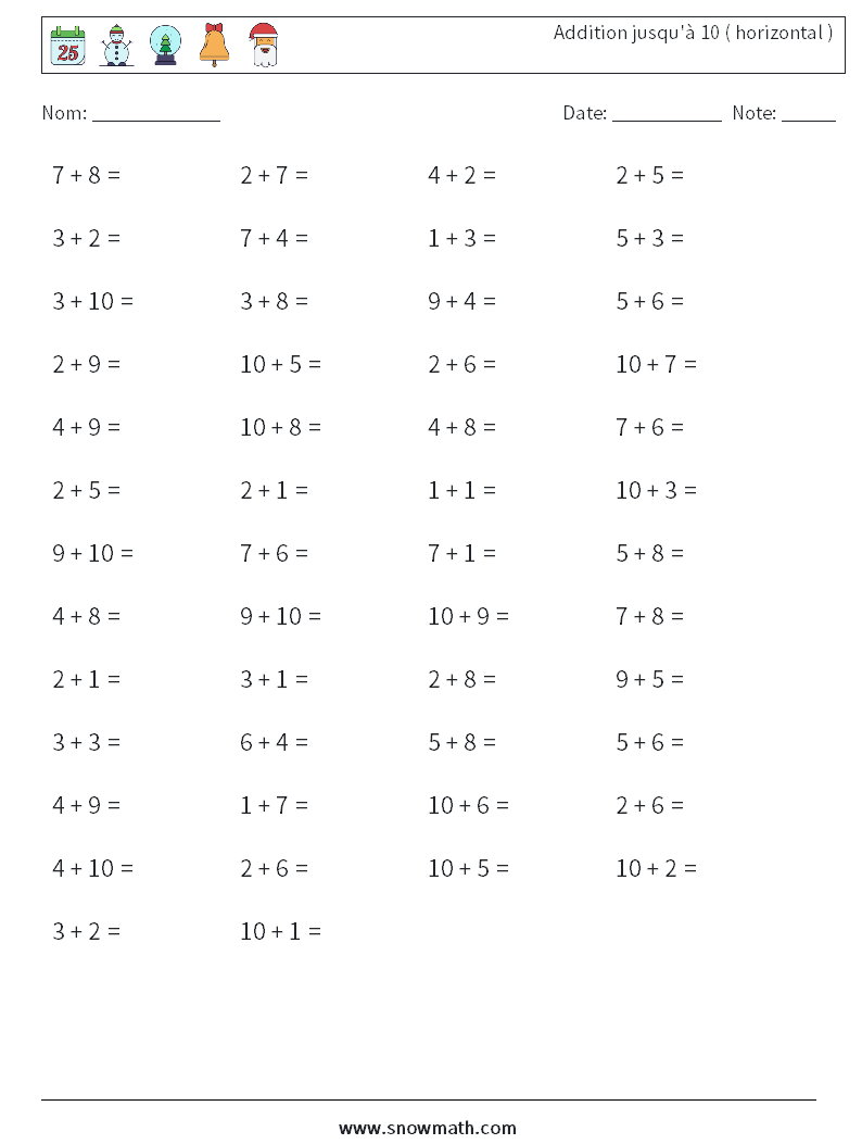 (50) Addition jusqu'à 10 ( horizontal ) Fiches d'Exercices de Mathématiques 3
