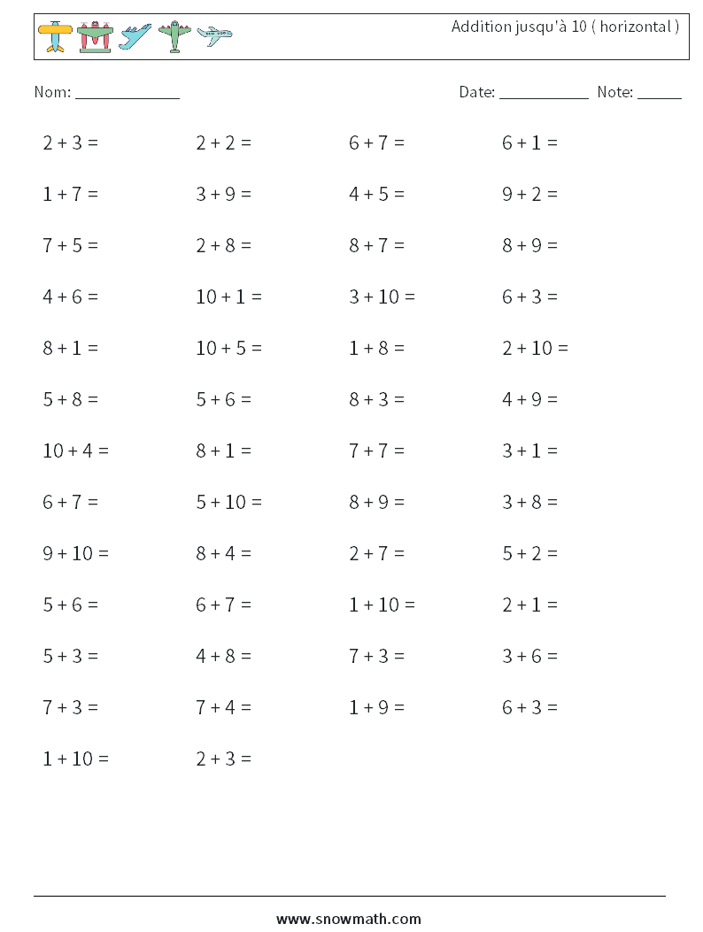 (50) Addition jusqu'à 10 ( horizontal ) Fiches d'Exercices de Mathématiques 4