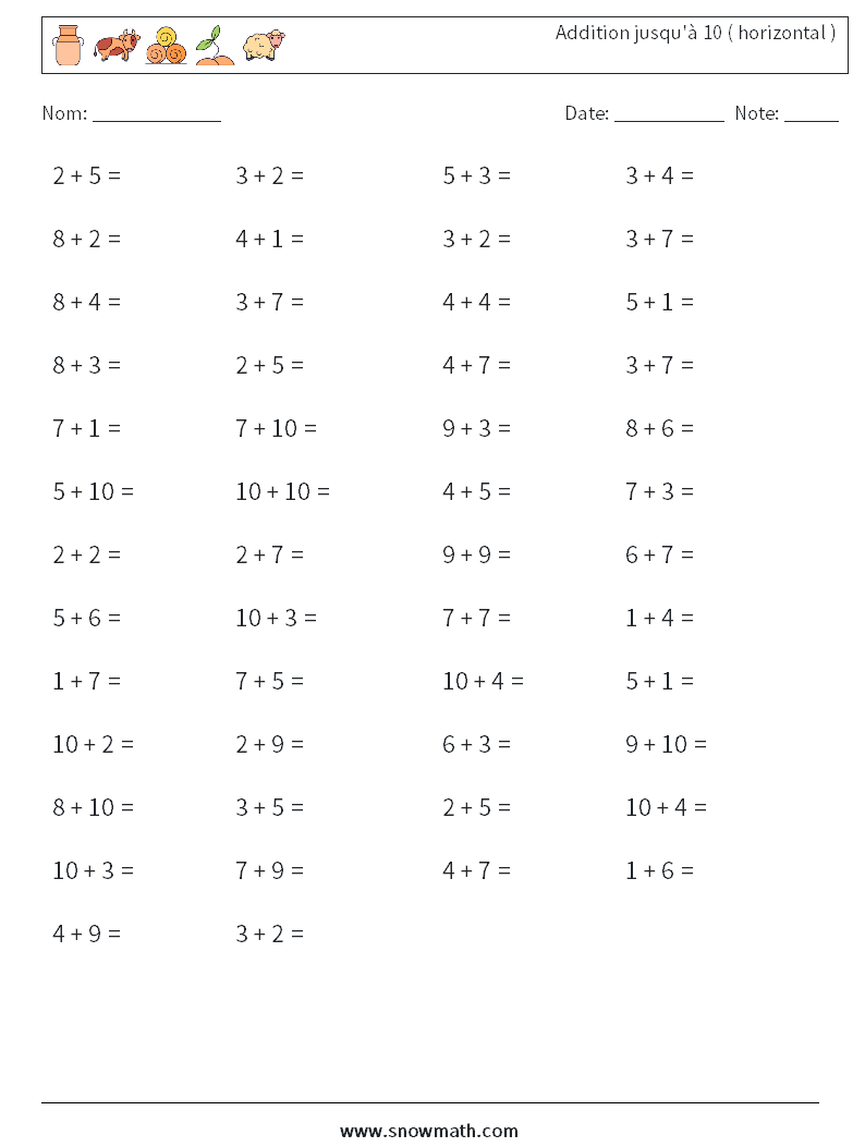 (50) Addition jusqu'à 10 ( horizontal ) Fiches d'Exercices de Mathématiques 5