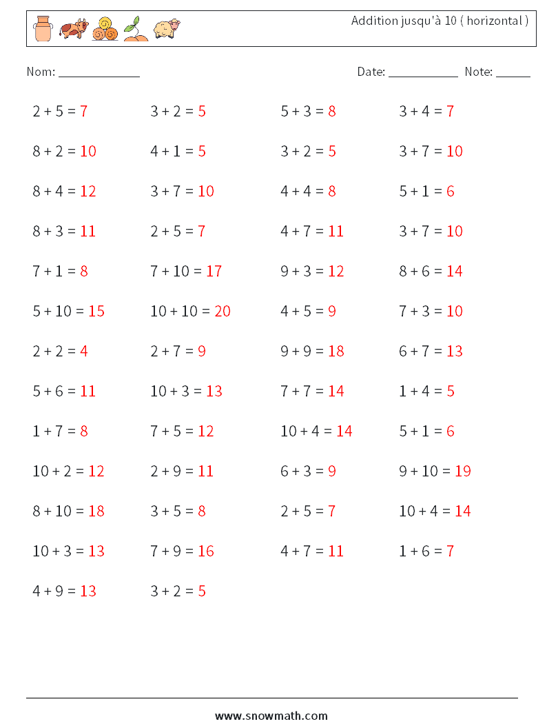 (50) Addition jusqu'à 10 ( horizontal ) Fiches d'Exercices de Mathématiques 5 Question, Réponse