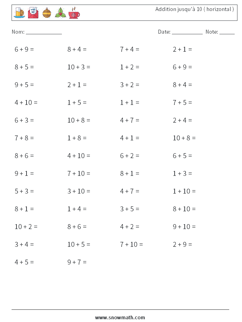 (50) Addition jusqu'à 10 ( horizontal ) Fiches d'Exercices de Mathématiques 7