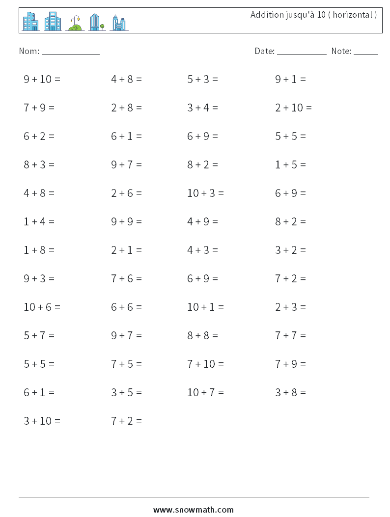 (50) Addition jusqu'à 10 ( horizontal ) Fiches d'Exercices de Mathématiques 9