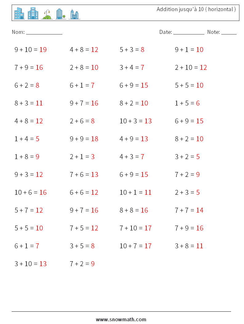 (50) Addition jusqu'à 10 ( horizontal ) Fiches d'Exercices de Mathématiques 9 Question, Réponse