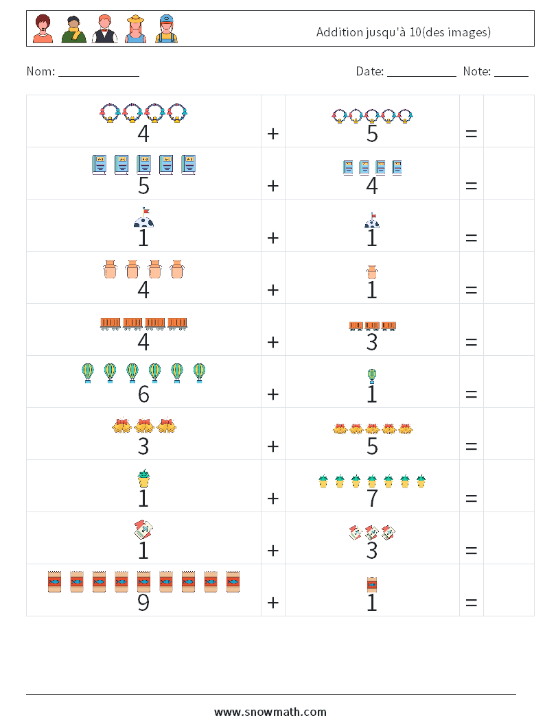 Addition jusqu'à 10(des images) Fiches d'Exercices de Mathématiques 1