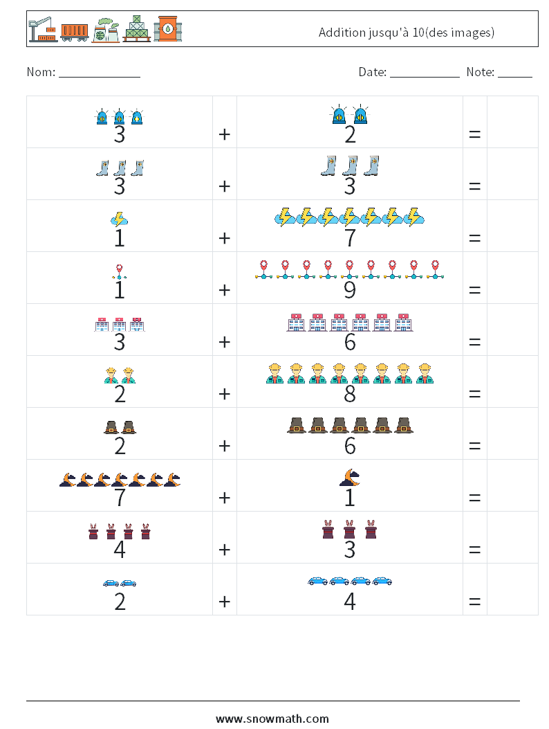 Addition jusqu'à 10(des images) Fiches d'Exercices de Mathématiques 10