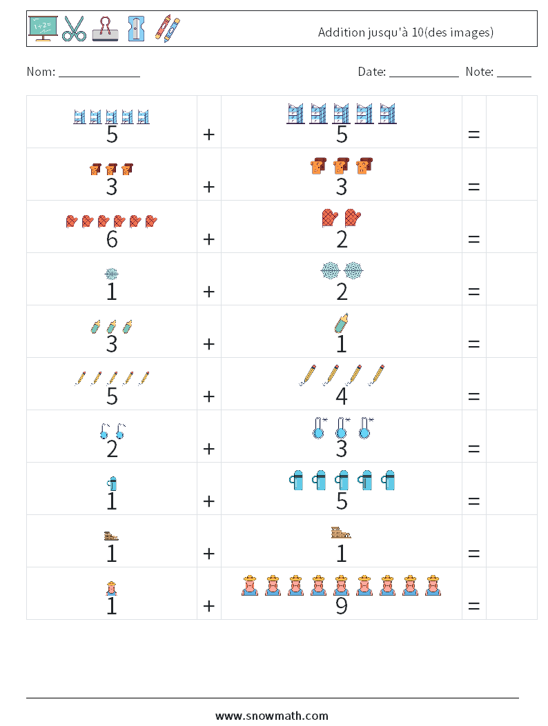 Addition jusqu'à 10(des images) Fiches d'Exercices de Mathématiques 11