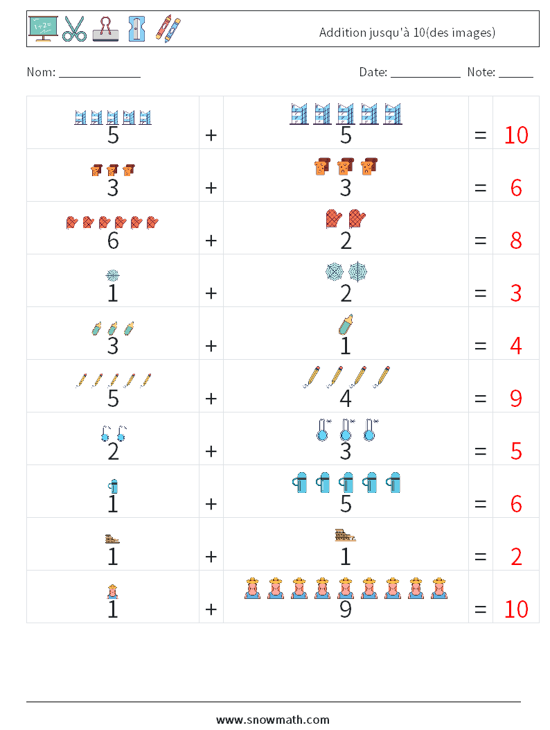 Addition jusqu'à 10(des images) Fiches d'Exercices de Mathématiques 11 Question, Réponse