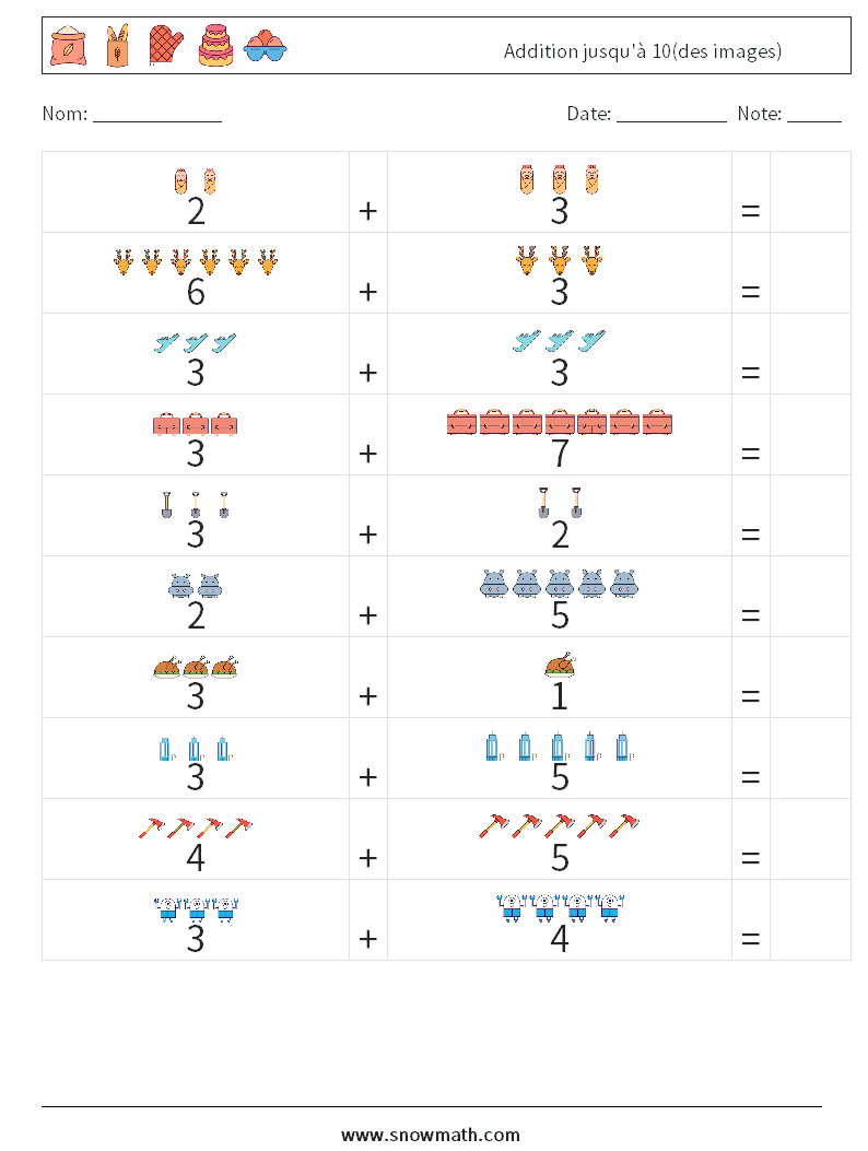 Addition jusqu'à 10(des images) Fiches d'Exercices de Mathématiques 12