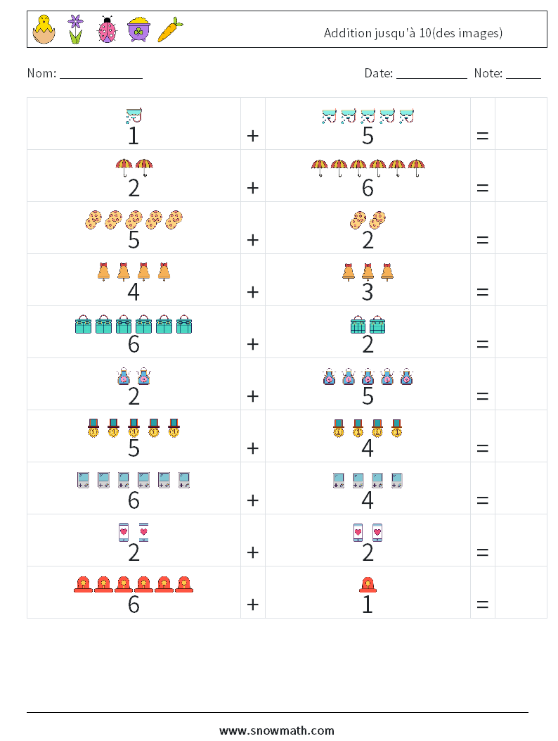 Addition jusqu'à 10(des images) Fiches d'Exercices de Mathématiques 13