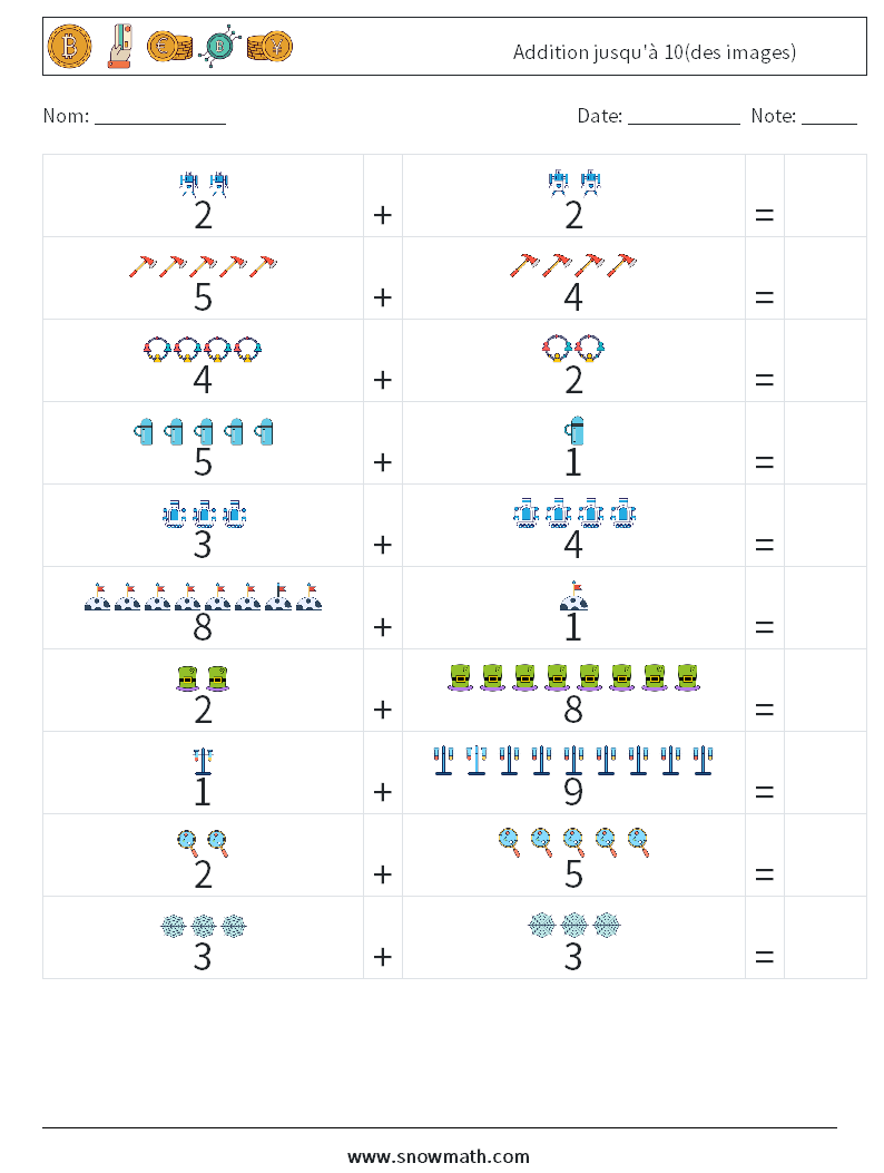 Addition jusqu'à 10(des images) Fiches d'Exercices de Mathématiques 14