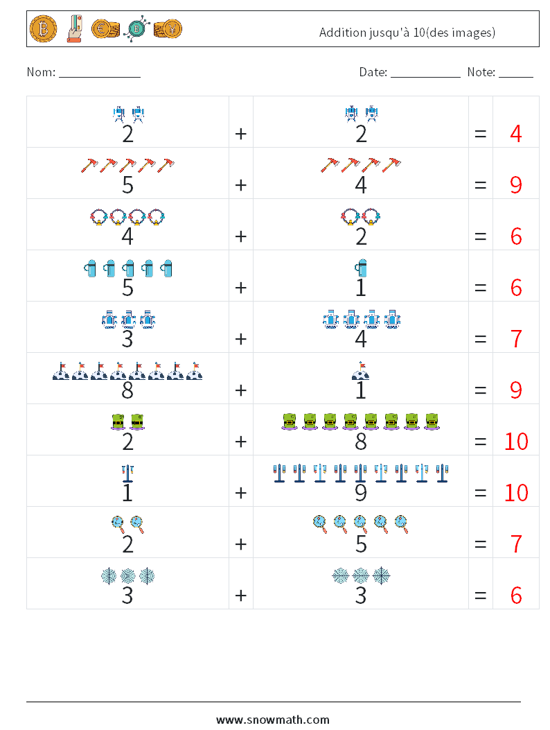 Addition jusqu'à 10(des images) Fiches d'Exercices de Mathématiques 14 Question, Réponse