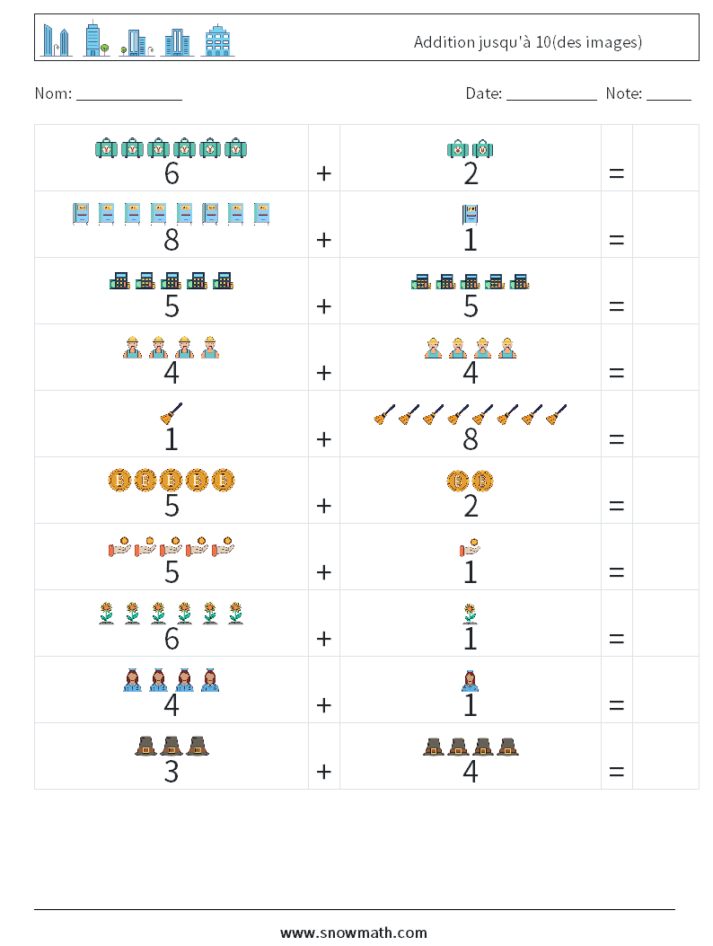 Addition jusqu'à 10(des images) Fiches d'Exercices de Mathématiques 15