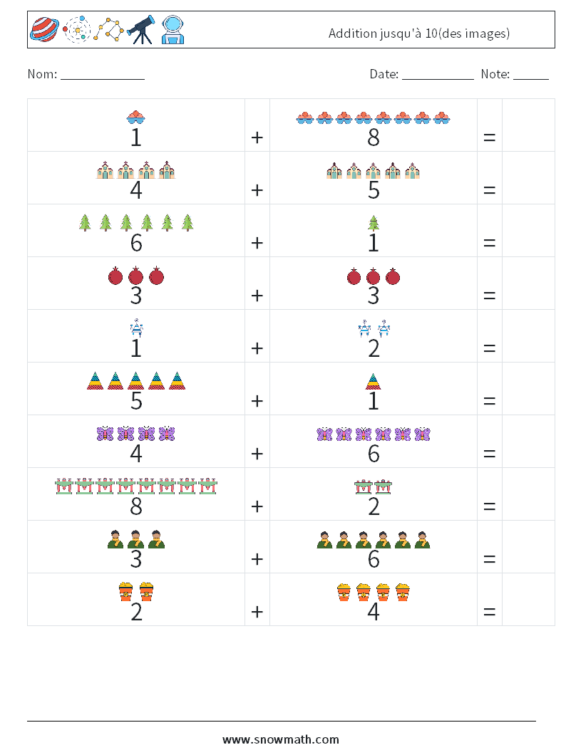 Addition jusqu'à 10(des images) Fiches d'Exercices de Mathématiques 16