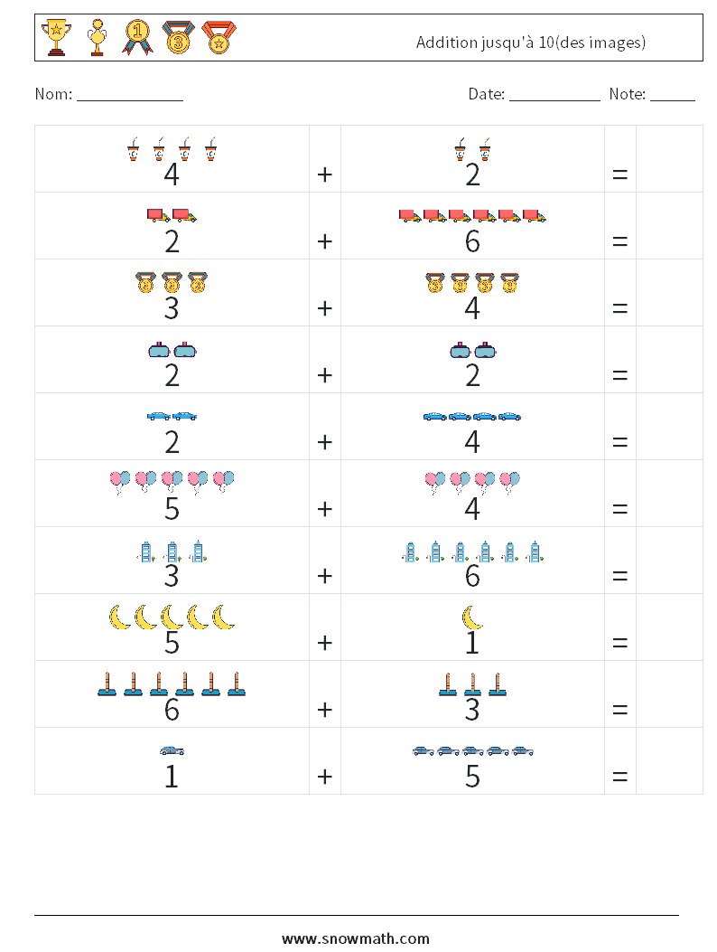 Addition jusqu'à 10(des images) Fiches d'Exercices de Mathématiques 17