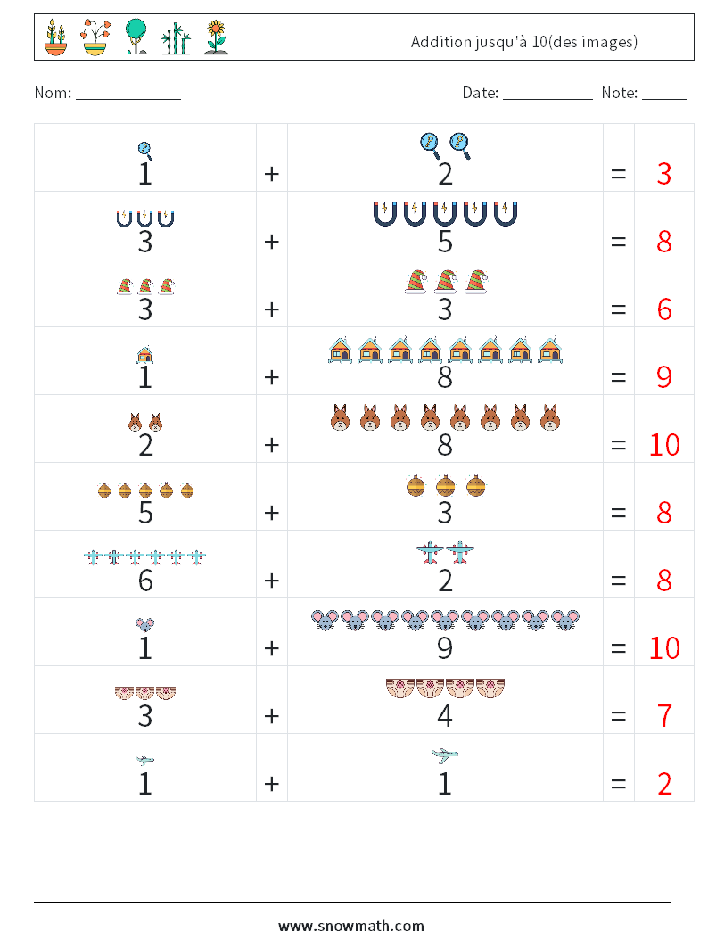 Addition jusqu'à 10(des images) Fiches d'Exercices de Mathématiques 18 Question, Réponse