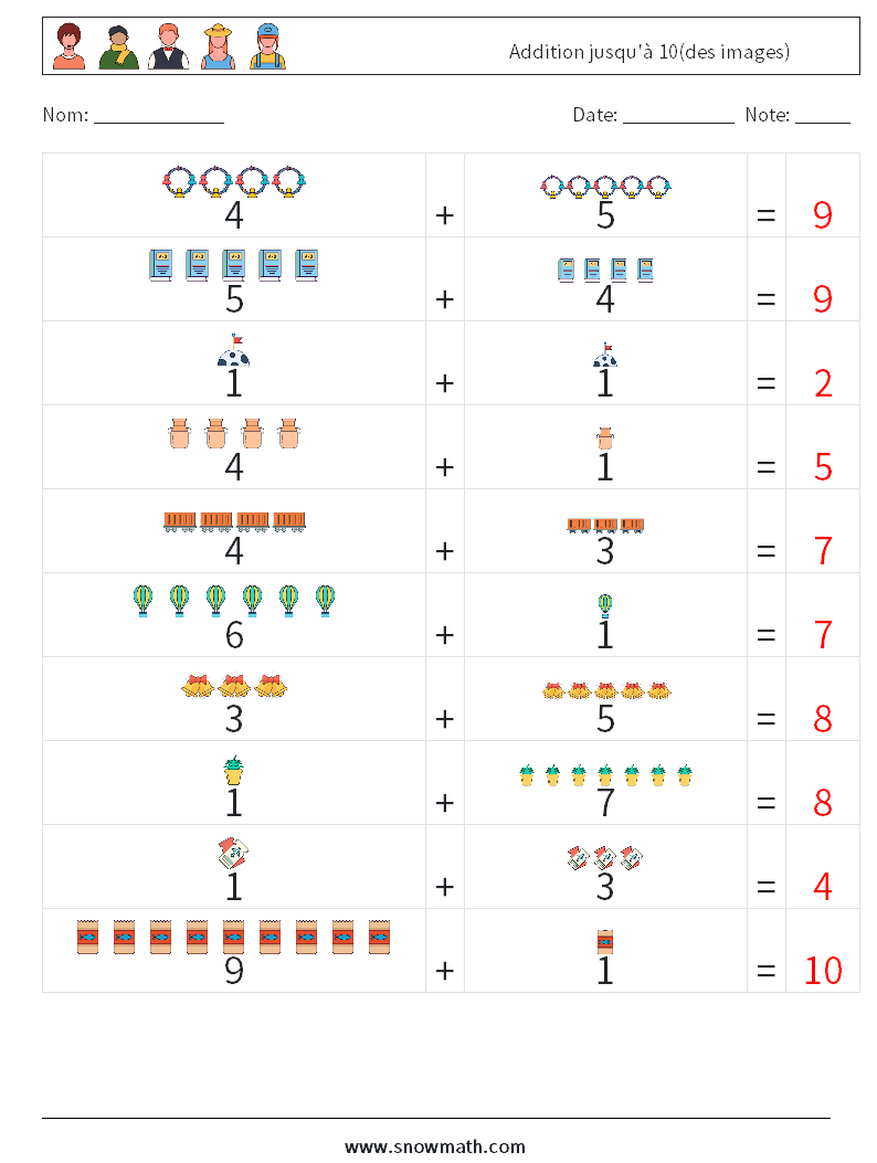 Addition jusqu'à 10(des images) Fiches d'Exercices de Mathématiques 1 Question, Réponse