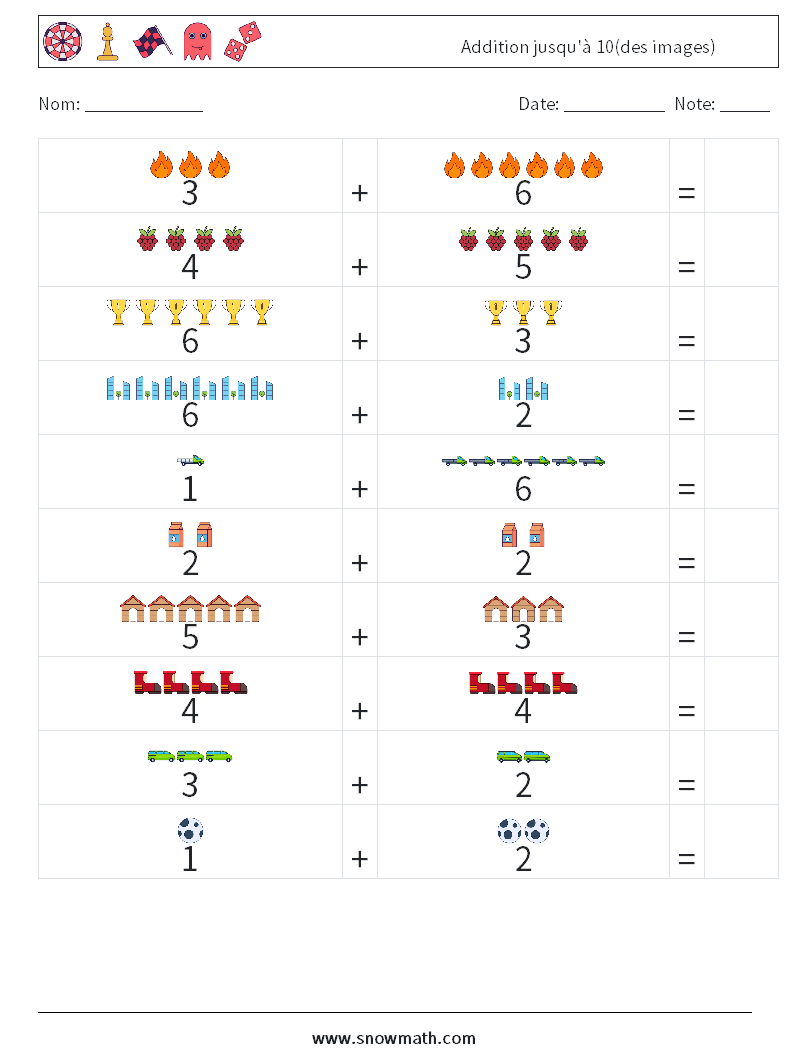 Addition jusqu'à 10(des images) Fiches d'Exercices de Mathématiques 2