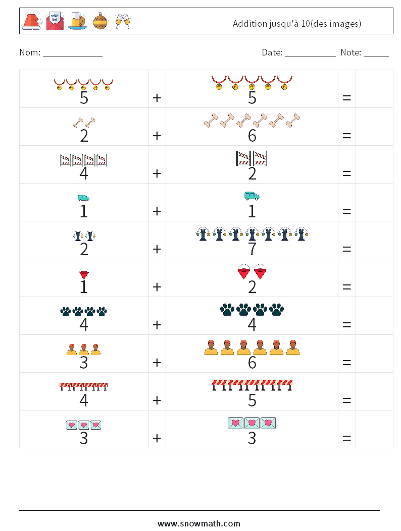 Addition jusqu'à 10(des images) Fiches d'Exercices de Mathématiques 3