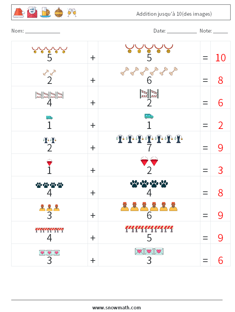 Addition jusqu'à 10(des images) Fiches d'Exercices de Mathématiques 3 Question, Réponse