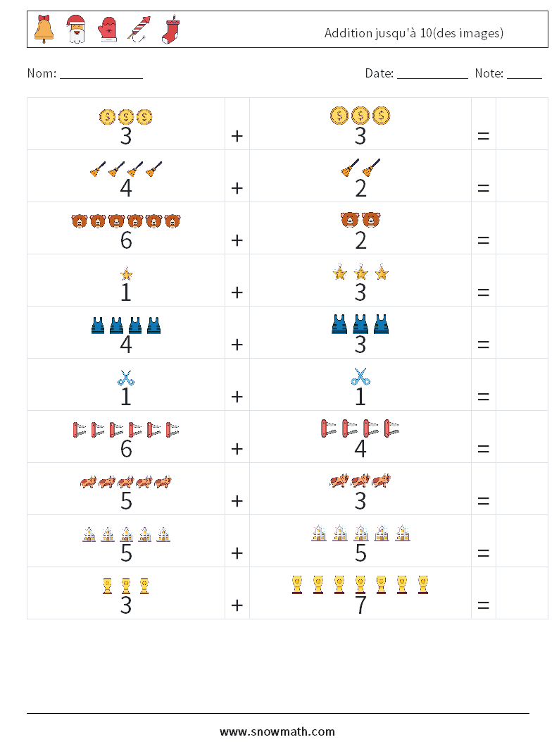 Addition jusqu'à 10(des images) Fiches d'Exercices de Mathématiques 4