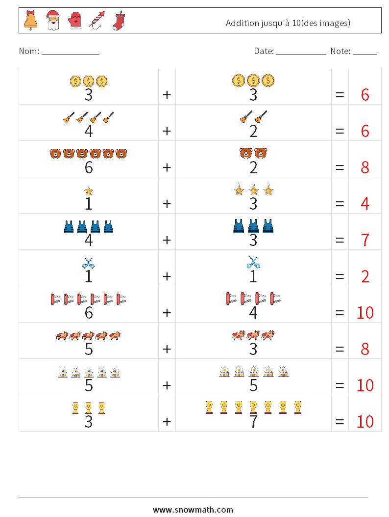 Addition jusqu'à 10(des images) Fiches d'Exercices de Mathématiques 4 Question, Réponse