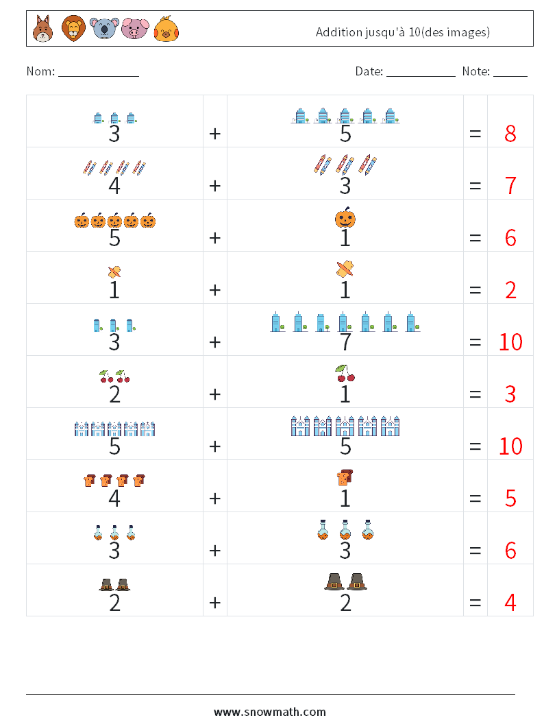 Addition jusqu'à 10(des images) Fiches d'Exercices de Mathématiques 5 Question, Réponse