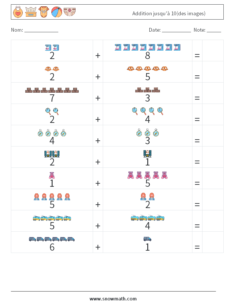 Addition jusqu'à 10(des images) Fiches d'Exercices de Mathématiques 6