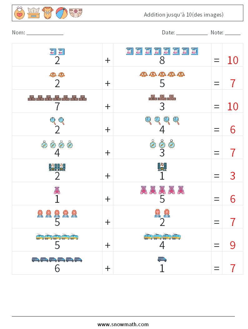 Addition jusqu'à 10(des images) Fiches d'Exercices de Mathématiques 6 Question, Réponse