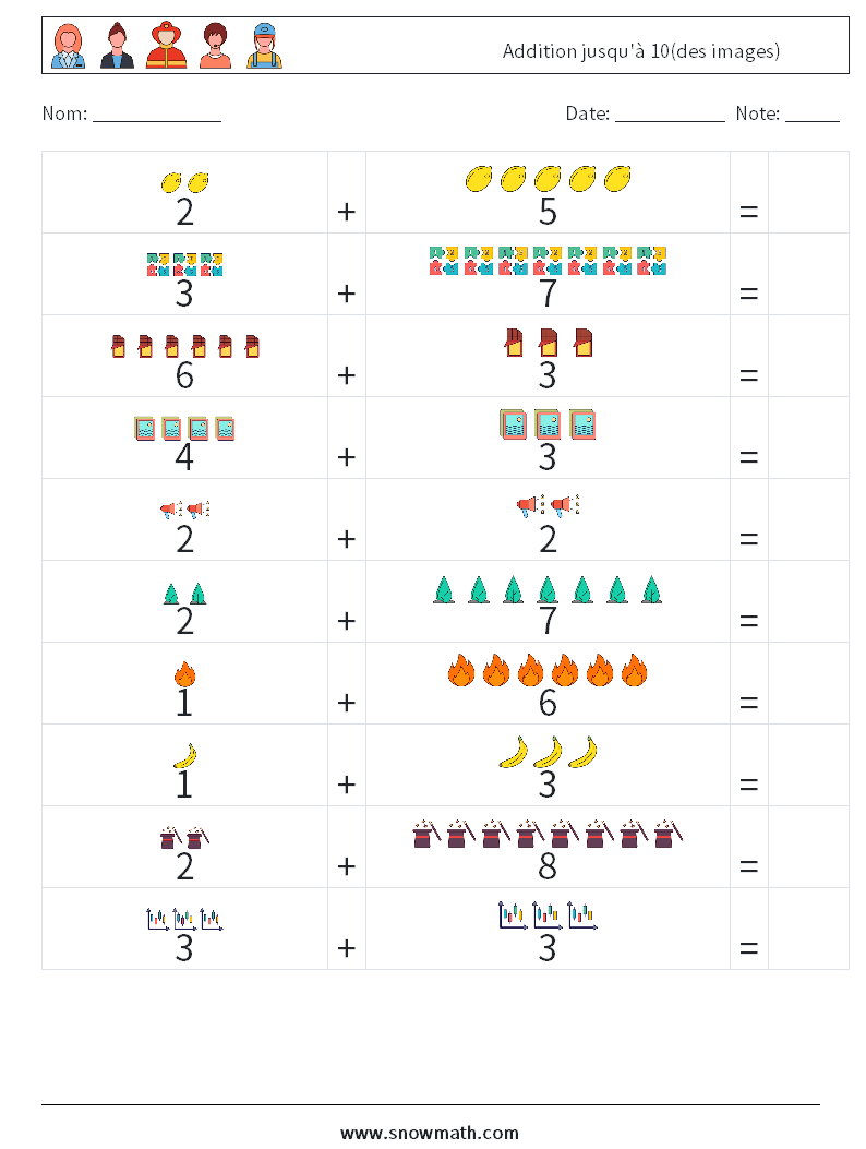 Addition jusqu'à 10(des images) Fiches d'Exercices de Mathématiques 7