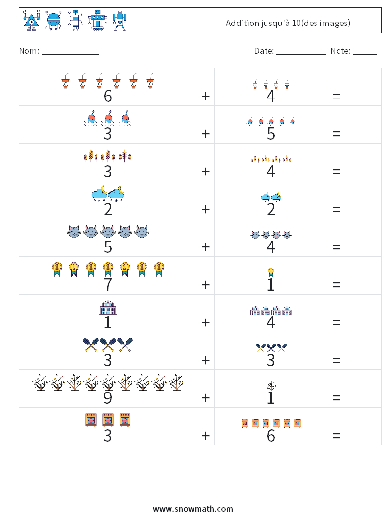 Addition jusqu'à 10(des images) Fiches d'Exercices de Mathématiques 8