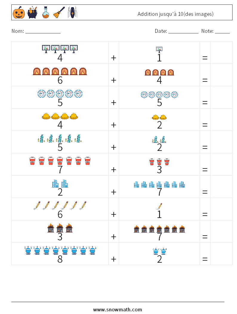 Addition jusqu'à 10(des images) Fiches d'Exercices de Mathématiques 9