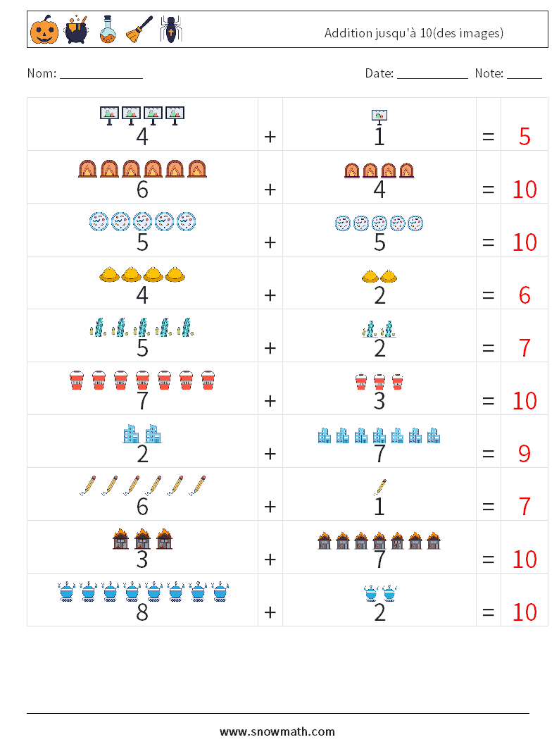 Addition jusqu'à 10(des images) Fiches d'Exercices de Mathématiques 9 Question, Réponse