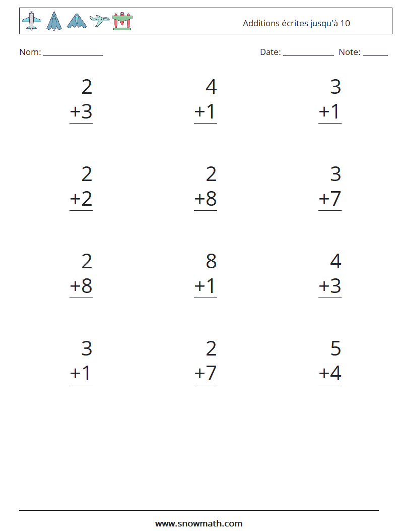 (12) Additions écrites jusqu'à 10 Fiches d'Exercices de Mathématiques 1