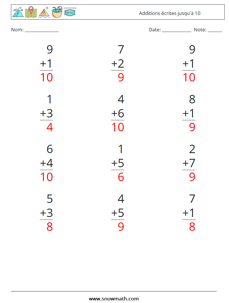 (12) Additions écrites jusqu'à 10 Fiches d'Exercices de Mathématiques 7 Question, Réponse