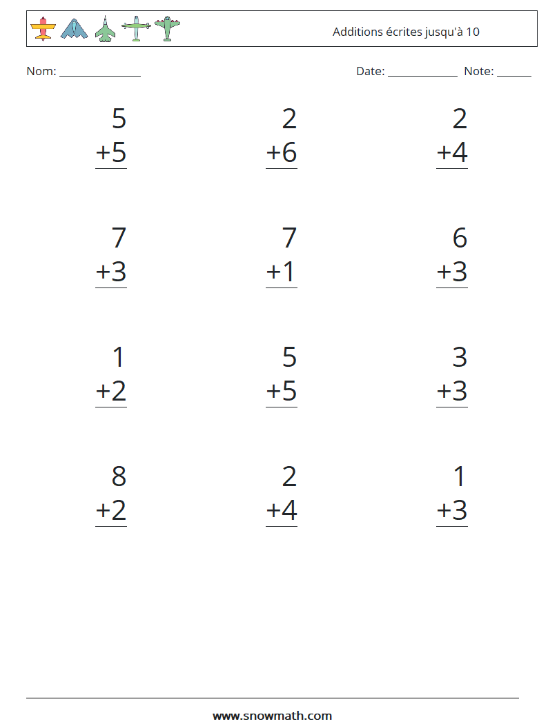 (12) Additions écrites jusqu'à 10 Fiches d'Exercices de Mathématiques 9