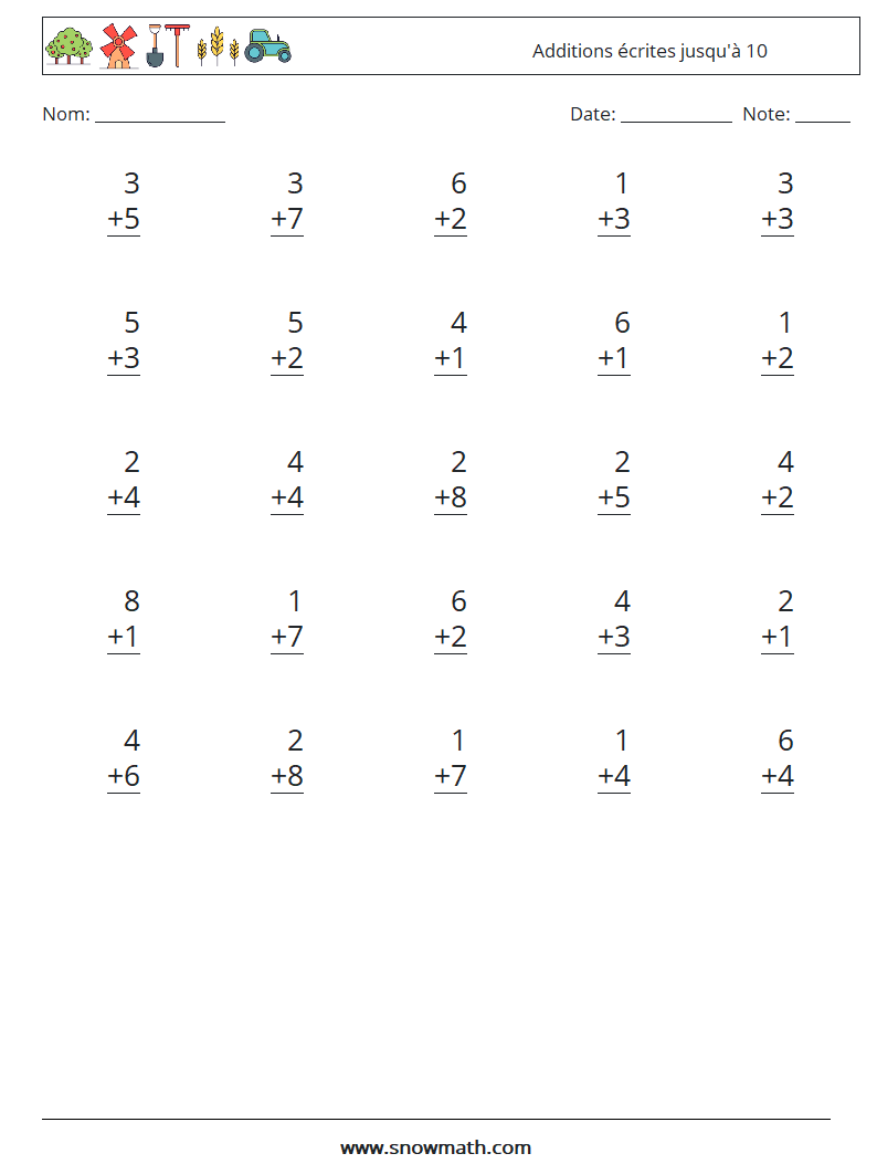 (25) Additions écrites jusqu'à 10 Fiches d'Exercices de Mathématiques 1