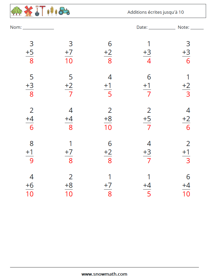 (25) Additions écrites jusqu'à 10 Fiches d'Exercices de Mathématiques 1 Question, Réponse