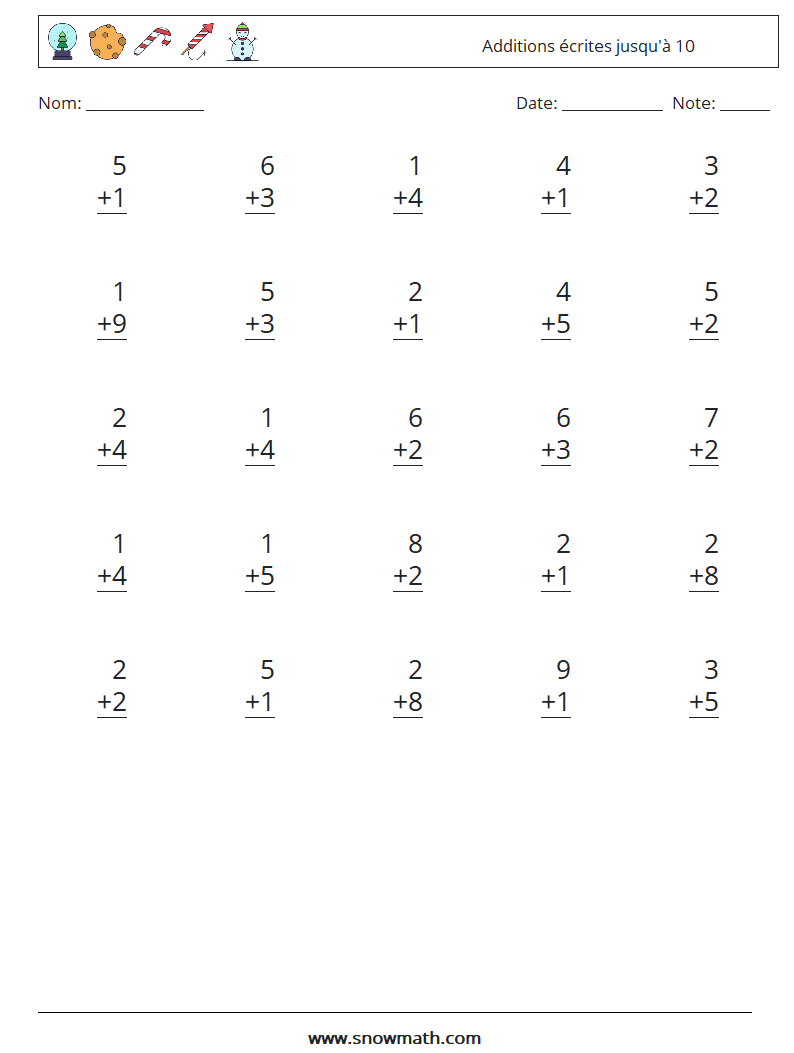 (25) Additions écrites jusqu'à 10 Fiches d'Exercices de Mathématiques 2