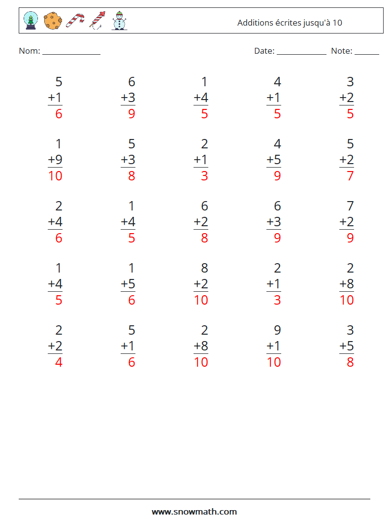 (25) Additions écrites jusqu'à 10 Fiches d'Exercices de Mathématiques 2 Question, Réponse